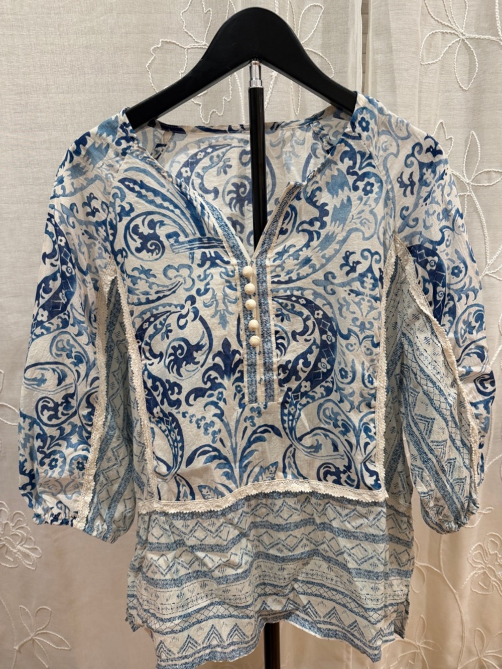 Women's Blue & White Printed Peasant Top